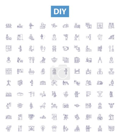 Illustration for Diy line icons, signs set. Collection of DIY, Crafting, Homeimprovement, Repairs, Upcycling, Modification, Handyman, Woodworking, Restoration outline vector illustrations. - Royalty Free Image