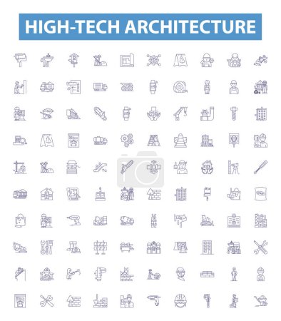 Ikonen der High-Tech-Architektur, Zeichen gesetzt. Sammlung von High-Tech, Architektur, Moderne, Innovation, Ästhetik, Design, Geometrie, Form, Technologie Umrissvektorillustrationen.