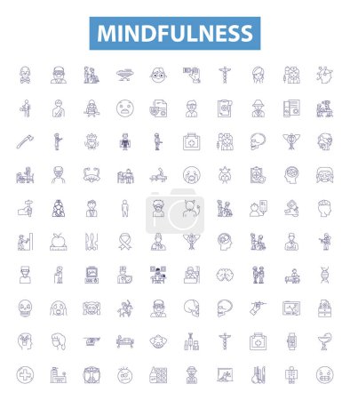 Illustration for Mindfulness line icons, signs set. Collection of Awareness, Concentration, Acceptance, Calm, Contemplation, Focus, Introspection, Non judgment, Observance outline vector illustrations. - Royalty Free Image
