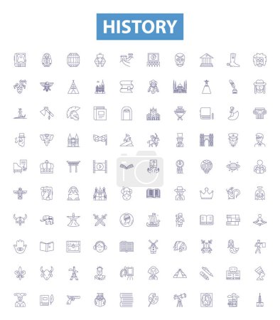 Illustration for History line icons, signs set. Collection of Past, Era, Age, Chronicle, Annals, Antiquity, Time, Memory, Narrative outline vector illustrations. - Royalty Free Image