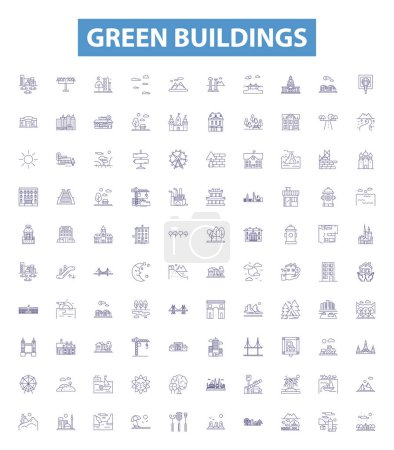 Illustration for Green buildings line icons, signs set. Collection of Ecological, Sustainable, Renewable, Efficiency, Low Carbon, Recyclable, Construct, Insulation,Climate Control outline vector illustrations. - Royalty Free Image