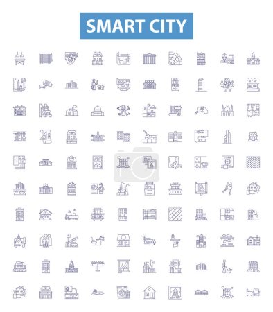 Smart City Line Symbole, Zeichen gesetzt. Sammlung von intelligenten, städtischen, intelligenten, vernetzten, nachhaltigen, automatisierten, innovativen, zukünftigen, technologischen Umrissvektorillustrationen.