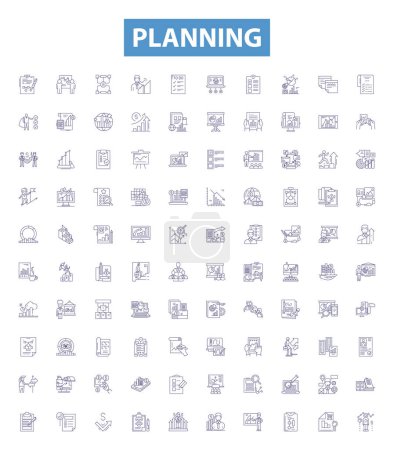Illustration for Planning line icons, signs set. Collection of Organizing, Scheduling, Forecasting, Charting, Designing, Mapping, deciding, Outlining, Prioritizing outline vector illustrations. - Royalty Free Image