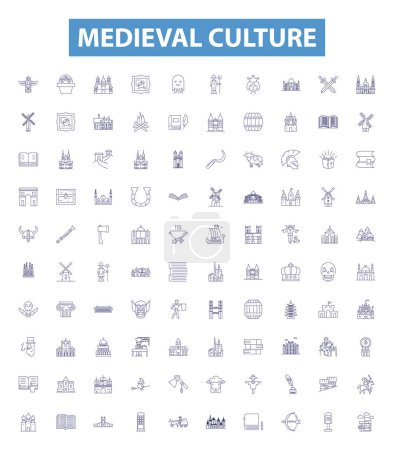 Illustration for Medieval culture line icons, signs set. Collection of Knights, Chivalry, Feudalism, Monarchy, Heraldry, Castles, Courts, Religion, Peasants outline vector illustrations. - Royalty Free Image