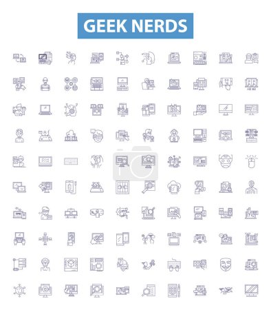 Illustration for Geek nerds line icons, signs set. Collection of Geek, Nerds, Technology, Programmer, Computer, Nerd, Geeky, Coder, Gaming outline vector illustrations. - Royalty Free Image
