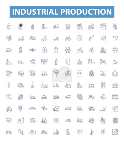 Iconos de línea de producción industrial, letreros establecidos. Colección de ilustraciones vectoriales de la industria, producción, fabricación, procesamiento, ensamblaje, automatización, robótica, logística, esquema del sistema.