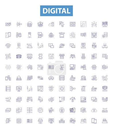 Illustration for Digital line icons, signs set. Collection of Digital, Technology, Electronics, Computing, Networking, Social, Media, Internet, Online outline vector illustrations. - Royalty Free Image