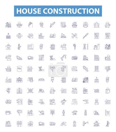 Illustration for House construction line icons, signs set. Collection of Building, Construction, Housebuilding, Erection, Raising, Assembly, Fabrication, Uniform, Structuring outline vector illustrations. - Royalty Free Image