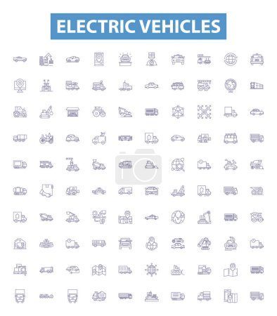 Illustration for Electric vehicles line icons, signs set. Collection of Electric, Vehicles, EVs, Battery, Hybrid, Plug in, Power, Charging, Motors outline vector illustrations. - Royalty Free Image