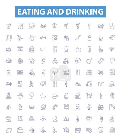Illustration for Eating and drinking line icons, signs set. Collection of Dining, Feasting, Banqueting, Devouring, Nibbling, Quaffing, Sipping, Gulping, Consuming outline vector illustrations. - Royalty Free Image