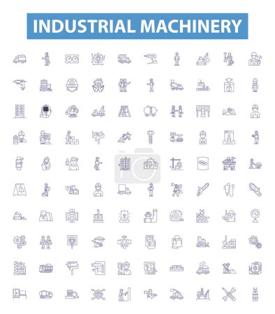 Industrial machinery line icons, signs set. Collection of Machinery, Industrial, Equipment, Factories, Manufacturing, Lathes, Mills, Automation, Tools outline vector illustrations.