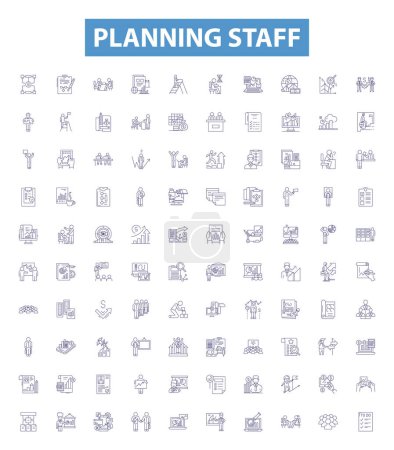 Illustration for Planning staff line icons, signs set. Collection of Staffing, Planning, Organization, Scheduling, Assignment, Human, Resources, Team, Recruiting outline vector illustrations. - Royalty Free Image