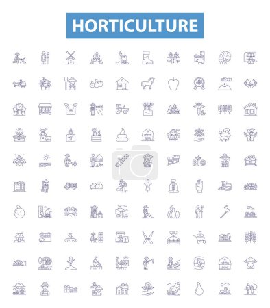 Illustration for Horticulture line icons, signs set. Collection of Gardening, Nursery, Agronomy, Botany, Crops, Floriculture, Plants, Trees, Propagation outline vector illustrations. - Royalty Free Image