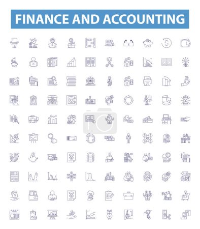 Illustration for Finance and accounting line icons, signs set. Collection of Finance, Accounting, Banking, Bookkeeping, Taxation, Investing, Auditing, Budgeting, Commercial outline vector illustrations. - Royalty Free Image
