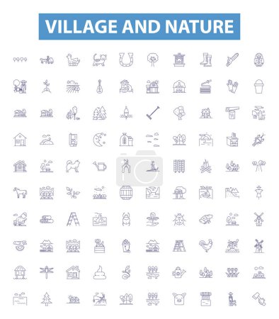 Illustration for Village and nature line icons, signs set. Collection of Village, Nature, Rural, Lands, Countryside, Outdoors, Forests, Hills, Farms outline vector illustrations. - Royalty Free Image
