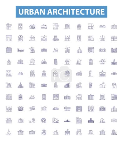 Illustration for Urban architecture line icons, signs set. Collection of Urbanity, Architecture, Buildings, Skyscrapers, Townhouses, High rises, Cities, Yards, Streets outline vector illustrations. - Royalty Free Image