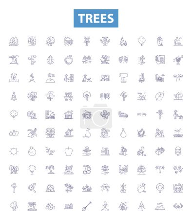 Illustration for Trees line icons collection. Tree, Oaks, Maple, Pines, Cedars, Ashes, Elms vector illustration. Birches, Sycamores, Alder outline signs - Royalty Free Image