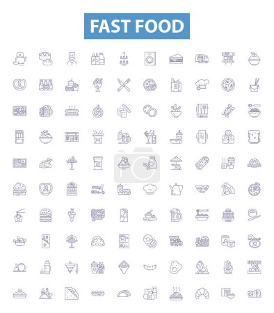 Illustration for Fast food line icons, signs set. Collection of Burger, Taco, Fries, Pizza, Kebab, Sandwich, Hotdog, Takeaway, Donut outline vector illustrations. - Royalty Free Image