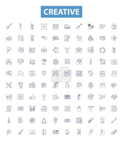Illustration for Creative line icons, signs set. Collection of Innovative, Imaginative, Original, Artistic, Visionary, Resourceful, Intuitive, Conceptual, Unique outline vector illustrations. - Royalty Free Image
