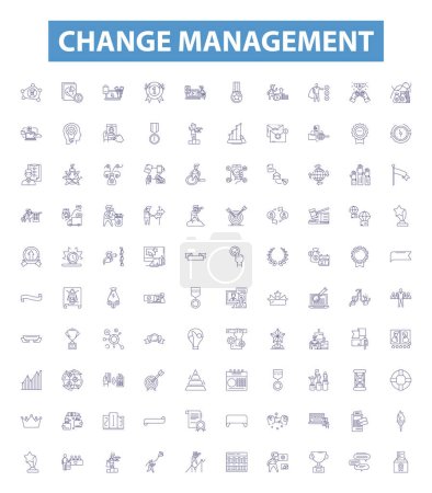 Illustration for Change management line icons, signs set. Collection of Transformation, Agility, Transition, Adaptation, Revision, Modification, Improvement, Reinvention, Evolution outline vector illustrations. - Royalty Free Image