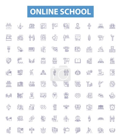 Illustration for Online school line icons, signs set. Collection of E learning, Virtual, Online, Academy, Classes, Tutoring, Courses, Instruction, Study outline vector illustrations. - Royalty Free Image