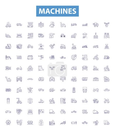 Illustration for Machines line icons, signs set. Collection of Robots, Automata, Computers, Electronics, Tools, Engines, Gadgets, Devices, Appliances outline vector illustrations. - Royalty Free Image