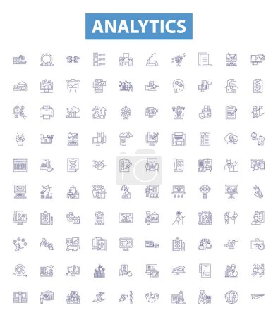 Illustration for Analytics line icons, signs set. Collection of Analytics, Tracking, Data, Measurement, Insight, Metrics, Monitoring, Reporting, Optimization outline vector illustrations. - Royalty Free Image