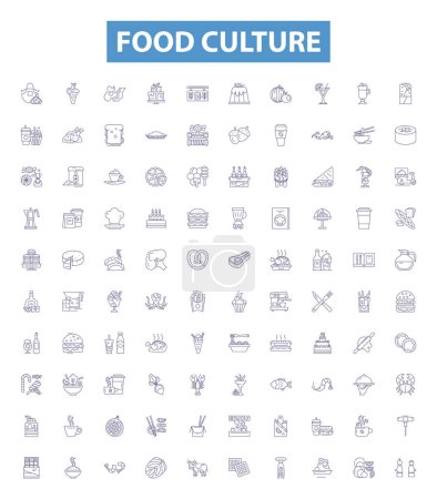 Illustration for Food culture line icons, signs set. Collection of Cuisine, Gourmet, Gastronomy, Dishware, Recipes, Etiquette, Banquet, Dietary, Epicurean outline vector illustrations. - Royalty Free Image