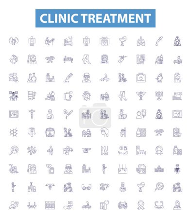 Illustration for Clinic treatment line icons, signs set. Collection of Clinic, treatment, health, care, physician, consultation, surgery, therapy, drug outline vector illustrations. - Royalty Free Image