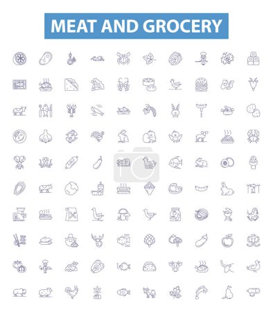 Illustration for Meat and grocery line icons, signs set. Collection of Meat, Grocery, Butcher, Poultry, Produce, Beef, Pork, Ham, Sausage outline vector illustrations. - Royalty Free Image