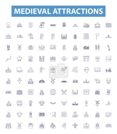 Illustration for Medieval attractions line icons, signs set. Collection of Castles, Dungeons, Weapons, Armor, Cathedrals, Monasteries, Forts, Siege, Torches outline vector illustrations. - Royalty Free Image