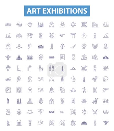 Illustration for Art exhibitions line icons, signs set. Collection of Exhibitions, Art, Paintings, Sculptures, Galleries, Installations, Creativity, Displays, Photography outline vector illustrations. - Royalty Free Image