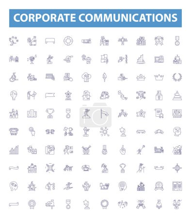Illustration for Corporate communications line icons, signs set. Collection of corporate, communications, strategy, marketing, branding, employee, information, media,public outline vector illustrations. - Royalty Free Image