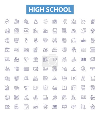 Illustration for High school line icons, signs set. Collection of Education, Academy, School, Learning, Secondary, Diploma, Classroom, Teenagers, Pupils outline vector illustrations. - Royalty Free Image
