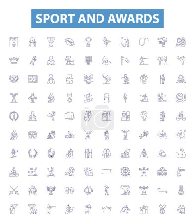 Deporte y premios iconos de línea, signos establecidos. Colección de Deportes, Premios, Competición, Medallas, Trofeos, Campeones, Registros, Excelencia, Ilustraciones de vectores de esquema de trofeos.
