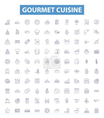 Illustration for Gourmet cuisine line icons, signs set. Collection of Gourmet, cuisine, haute, food, fine, dining, epicurean, French, artisanal outline vector illustrations. - Royalty Free Image