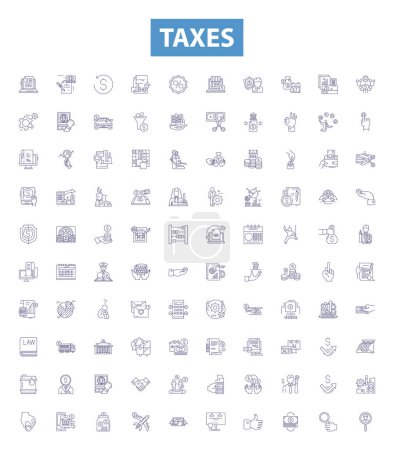 Iconos de línea de impuestos, letreros establecidos. Cobro de exacciones, derechos, aranceles, impuestos especiales, deducción, retención, cobro, ingresos, ilustraciones de vectores de esquema de auditoría.