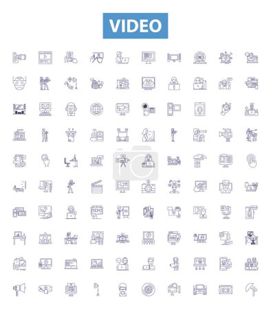 Illustration for Video line icons, signs set. Collection of Movie, Clip, Film, Stream, YouTube, Broadcast, Recording, Broadcasted, Tutorial outline vector illustrations. - Royalty Free Image