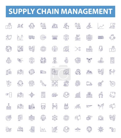 Liniensymbole für das Supply Chain Management, Zeichen gesetzt. Sammlung von Beschaffung, Logistik, Inventar, Beschaffung, Distribution, Strömung, Qualität, Prozesse, Planskizzenvektorabbildungen.
