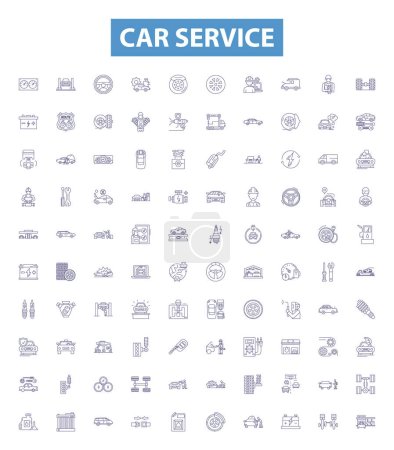Illustration for Car service line icons, signs set. Collection of Automotive, Repair, Maintenance, Tune up, Diagnostics, Waxing, Oil, Change, Tires outline vector illustrations. - Royalty Free Image