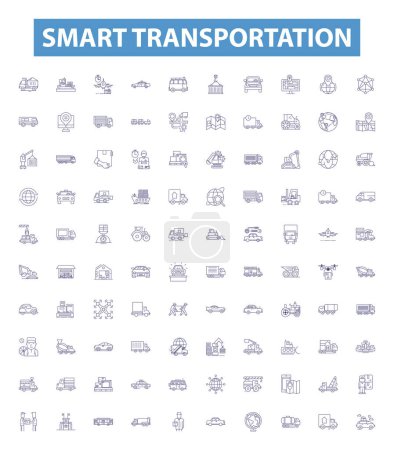 Smart Transport Line Symbole, Zeichen gesetzt. Sammlung von Smart, Transport, Autonom, Intelligent, Vernetzt, Fahrzeug, Verkehr, System, Mobility Outline Vektor Illustrationen.