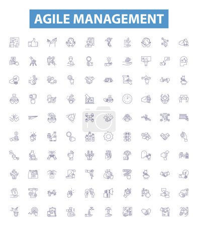 Illustration for Agile management line icons, signs set. Collection of Agile, Management, Scrum, Sprint, Kanban, Planning, Practices, Iterative, Development outline vector illustrations. - Royalty Free Image