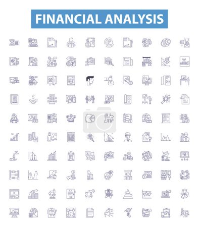 Illustration for Financial analysis line icons, signs set. Collection of Budgeting, Forecasting, Ratios, Cashflow, Financing, Profitability, Liquidity, Accounting, Assets outline vector illustrations. - Royalty Free Image