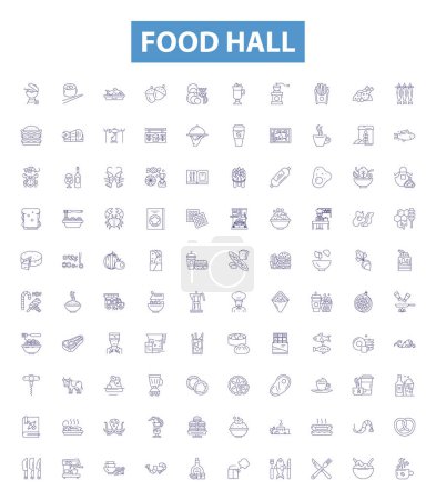 Illustration for Food hall line icons, signs set. Collection of Cafeteria, Delicatessen, Restaurant, Bistro, Eatery, Stall, Cuisine, Deli, Canteen outline vector illustrations. - Royalty Free Image