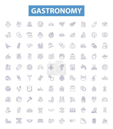 Illustration for Gastronomy line icons, signs set. Collection of Cooking, Dining, Cuisine, Eating, Banquets, Recipes, Gourmand, Degustation, Feasts outline vector illustrations. - Royalty Free Image