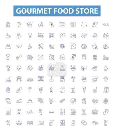 Illustration for Gourmet food store line icons, signs set. Collection of Gourmet, Food, Store, Delicacies, Groceries, Cuisine, Specialty, Gourmand, Exotic outline vector illustrations. - Royalty Free Image