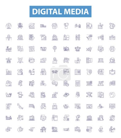 Illustration for Digital media line icons, signs set. Collection of Digital, Media, Technology, Internet, Social, Networking, Content, Video, Advertising outline vector illustrations. - Royalty Free Image
