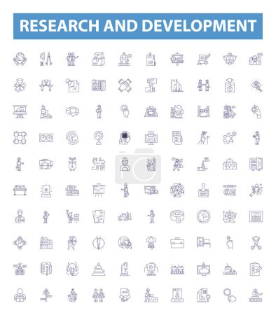 Illustration for Research and development line icons, signs set. Collection of Research, Development, Innovation, Experimentation, Investigation, Study, Analyzing, Analysing, Evaluation outline vector illustrations. - Royalty Free Image