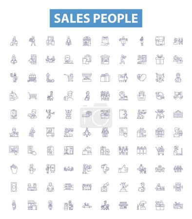 Illustration for Sales people line icons, signs set. Collection of Salespeople, Sellers, Vendors, Brokers, Representatives, Merchandisers, Agents, Closers, Promoters outline vector illustrations. - Royalty Free Image
