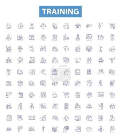 Illustration for Training line icons, signs set. Collection of Education, Coaching, Tuition, Learning, Drilling, Instruction, Tutoring, Exercise, Orientation outline vector illustrations. - Royalty Free Image